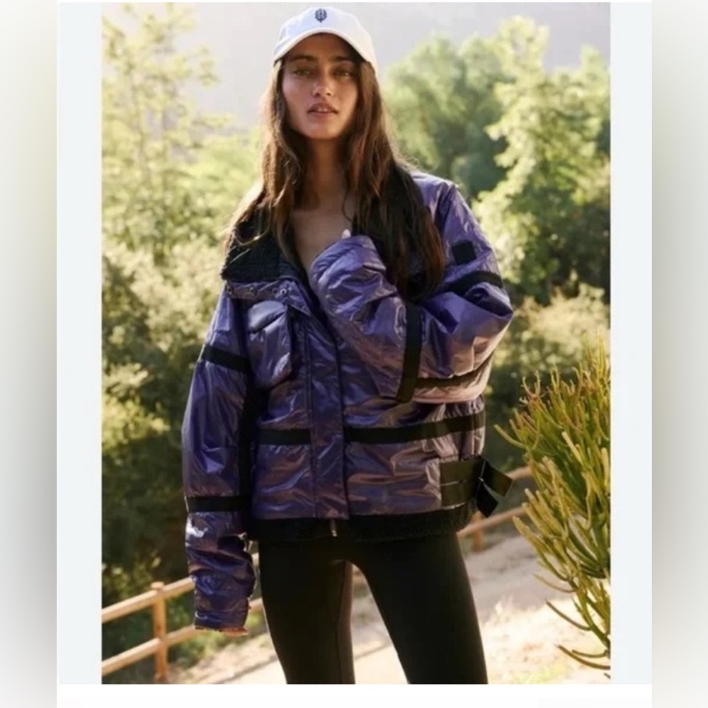 FREE PEOPLE Movement Vagabond Fleece Bomber Jacket in Royal Purple S NWOT